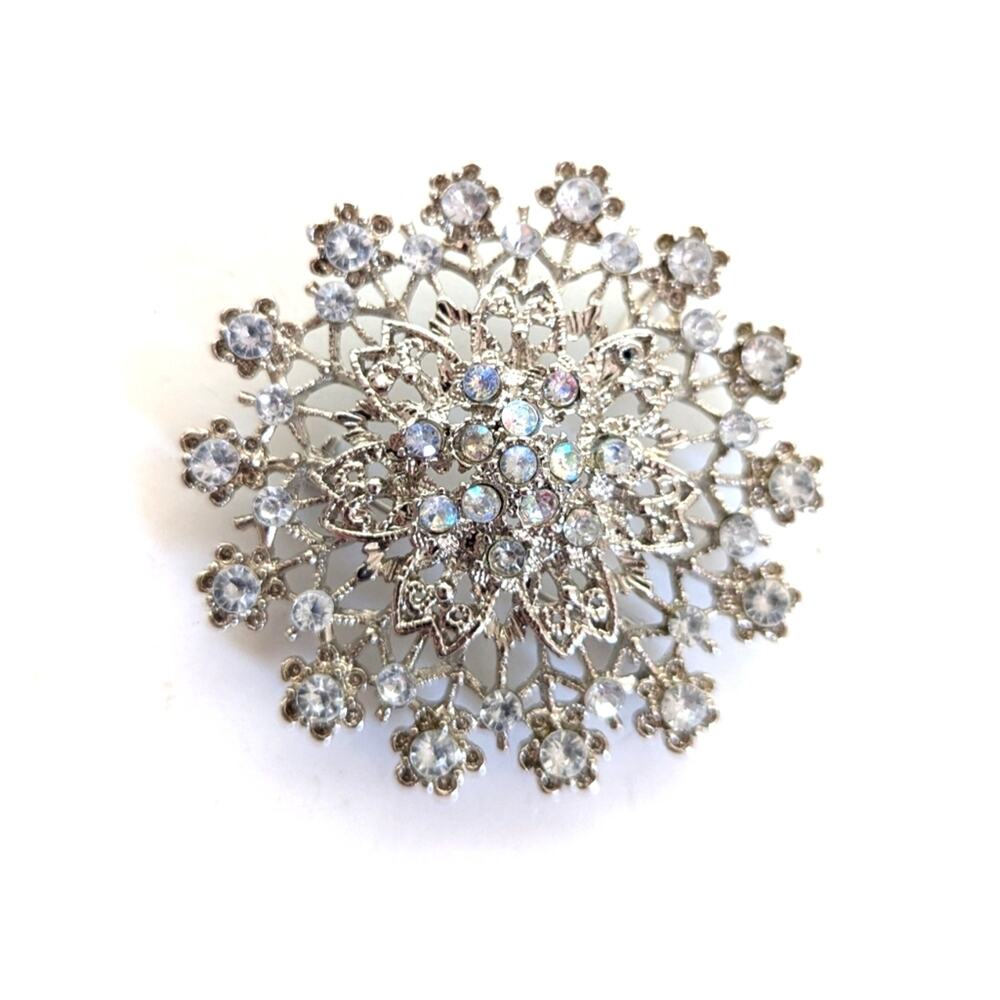 Vintage Estate Large AB Coated Rhinestone Silver Tone Floral Pendant Brooch